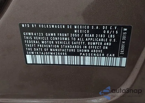 2015 Volkswagen Jetta 2.0L S из США, поврежденный, VIN 3VW1K7AJ9FM426495